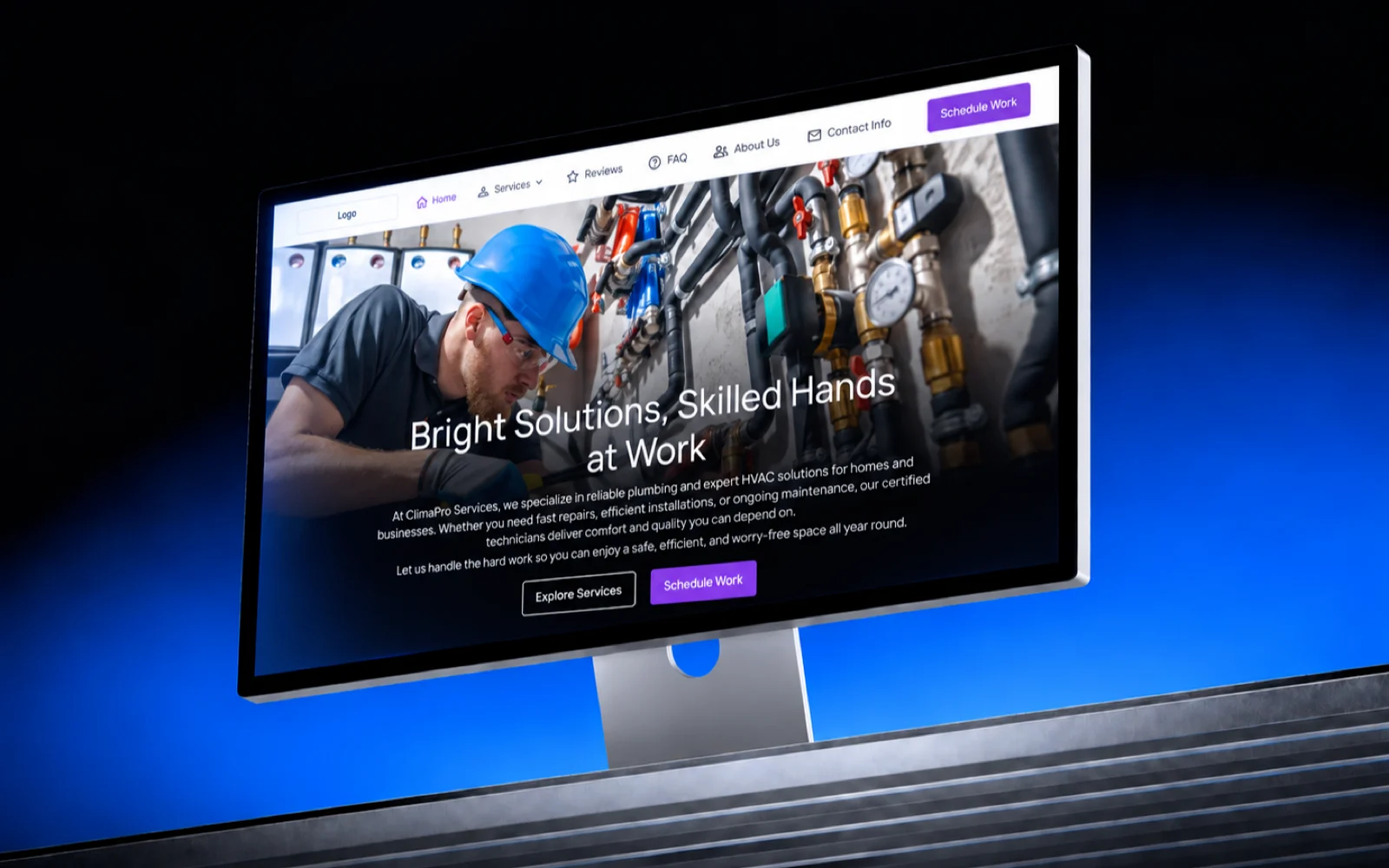 AI Website Builder cover: a generated home-service website on a desktop monitor