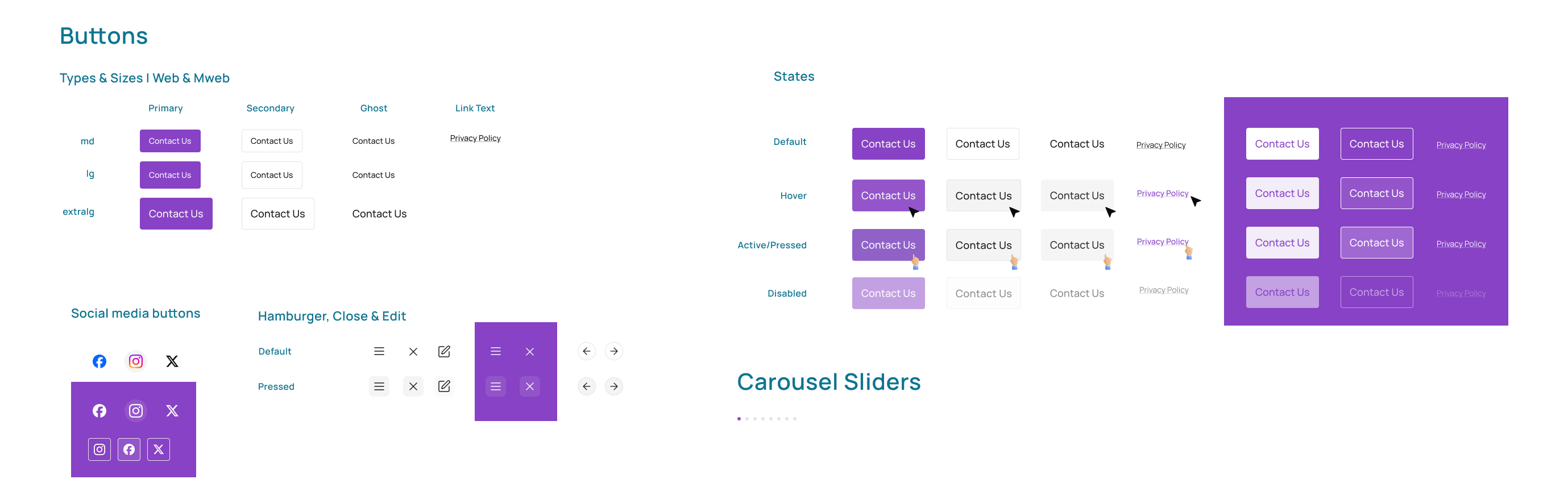 Buttons sheet, web and mobile web. Primary, secondary, ghost and link-text buttons in md, lg and extra-large sizes; social media buttons for Facebook, Instagram and X on white and on violet; hamburger, close, edit and arrow icon buttons in default and pressed. Then every button type in default, hover, active or pressed, and disabled states, on white and on the violet brand ground, and the carousel slider dots.