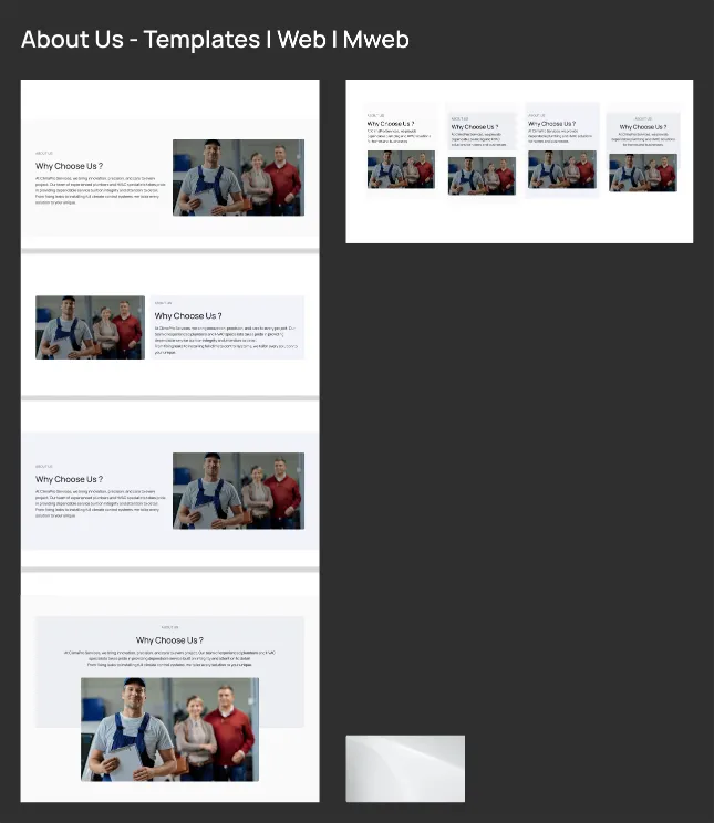 About us templates board, web and mobile web. Four Why Choose Us? layouts pairing a short paragraph with a team photo: text left, photo left, on a tinted band, and centred above the photo, beside the four mobile versions.