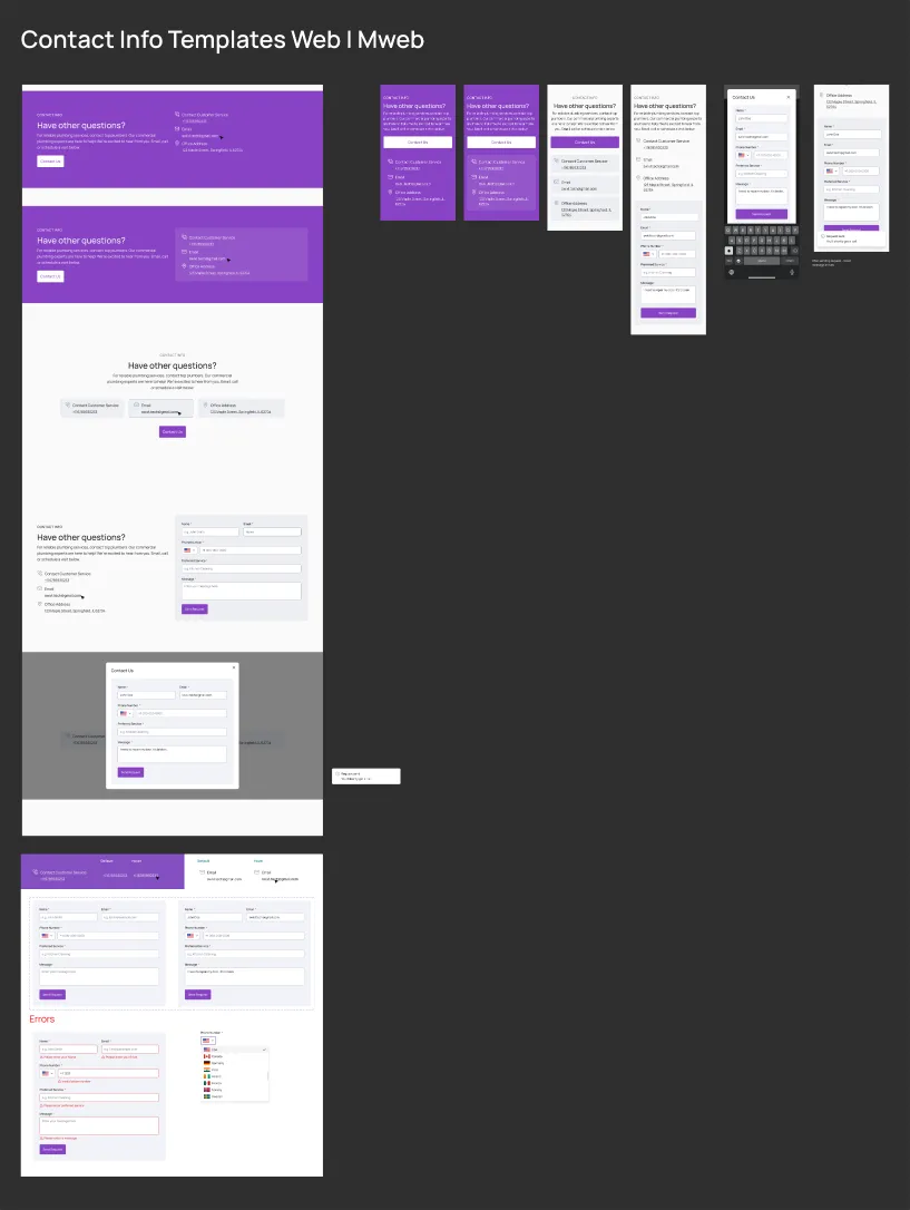 Contact info templates board, web and mobile web. Four Have other questions? layouts, two on the violet brand ground and two on white, one with an inline request form; the Contact Us pop-up form and its Request sent toast; hover states, the form error states and the country-code dropdown; and the mobile versions, including the form with the keyboard raised.