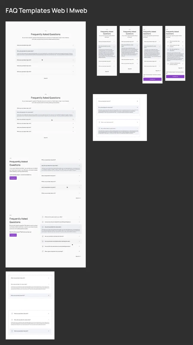 FAQ templates board, web and mobile web. Four Frequently Asked Questions accordions: centred, centred with plus icons, two columns with a contact prompt, and a numbered list, each with one question expanded, the four mobile versions, and the item states.