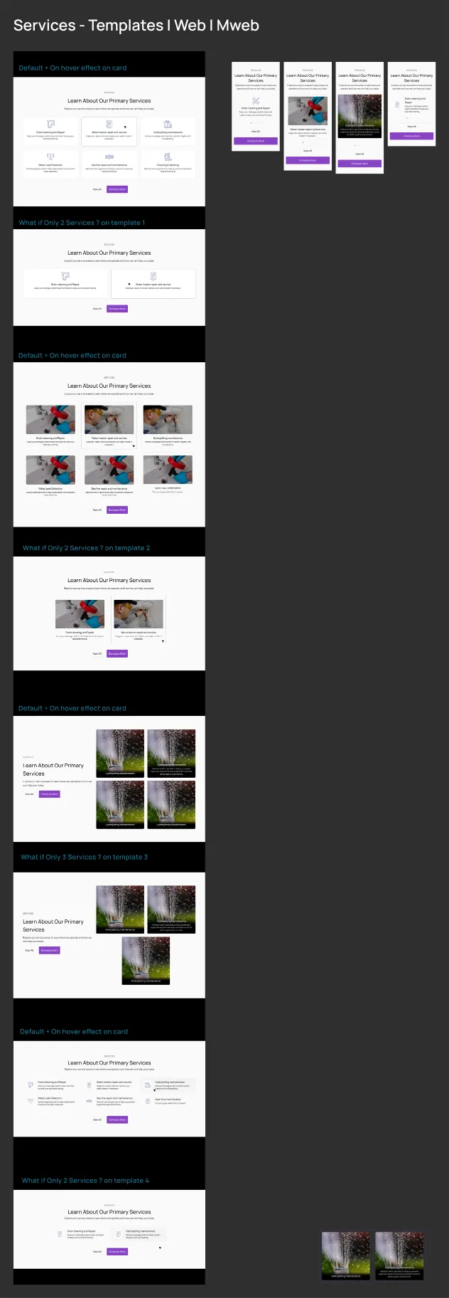 Services templates board, web and mobile web. Four service-grid templates, headed Learn About Our Primary Services: icon cards, photo cards, a split layout with photo tiles, and a compact icon list. Each is shown by default with a card in its hover state, and again with only two or three services, beside the four mobile versions.