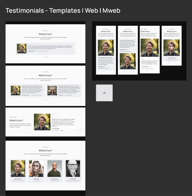 Testimonials templates board, web and mobile web. Four What's true? layouts: a single quote card, two cards side by side, a large portrait beside a quote, and a row of four customer portraits, with carousel arrows or dots, beside the four mobile versions.