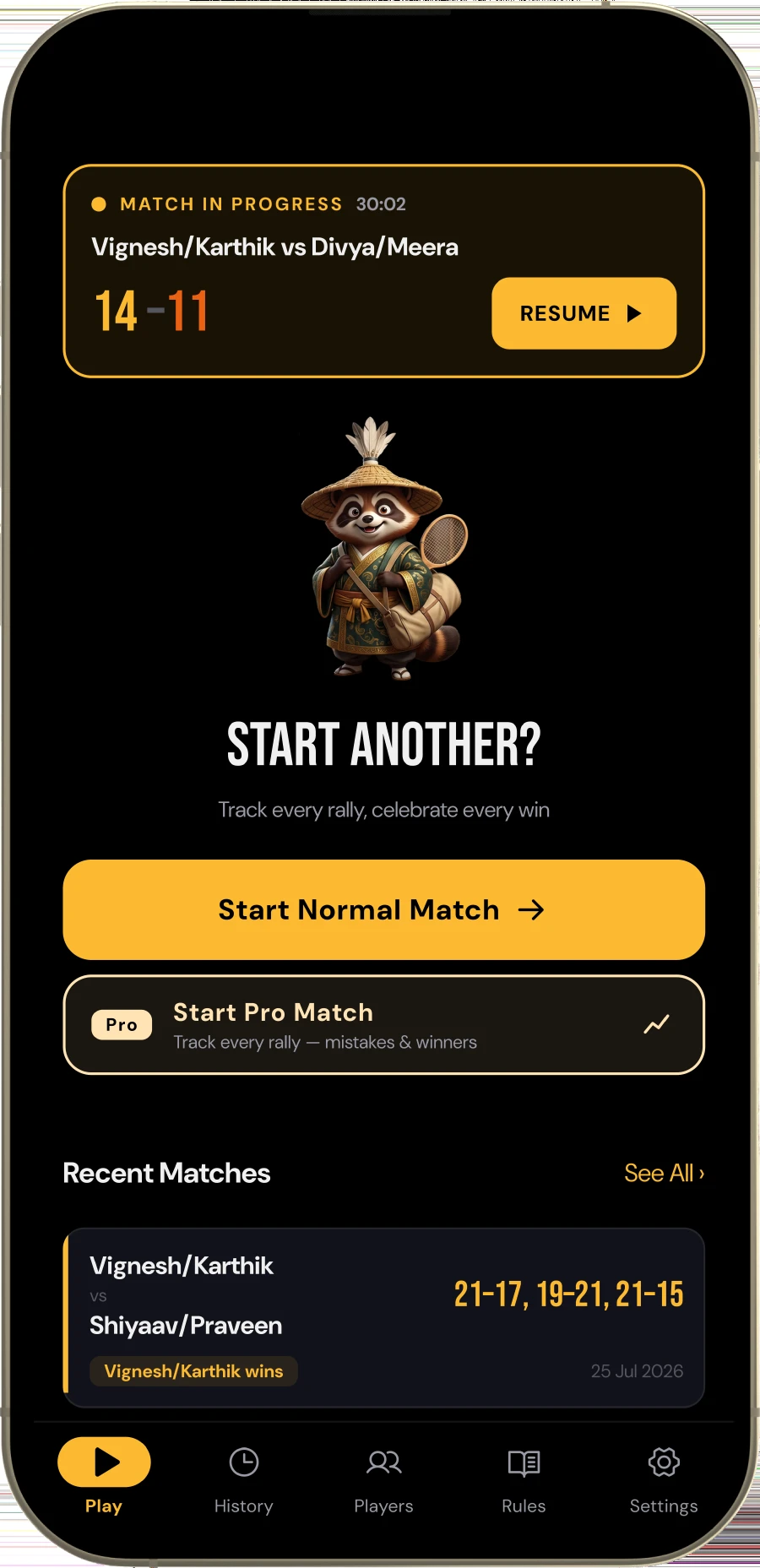 The home screen: a match in progress with its live score and a resume button, above the options to start a new match and the recent results below.