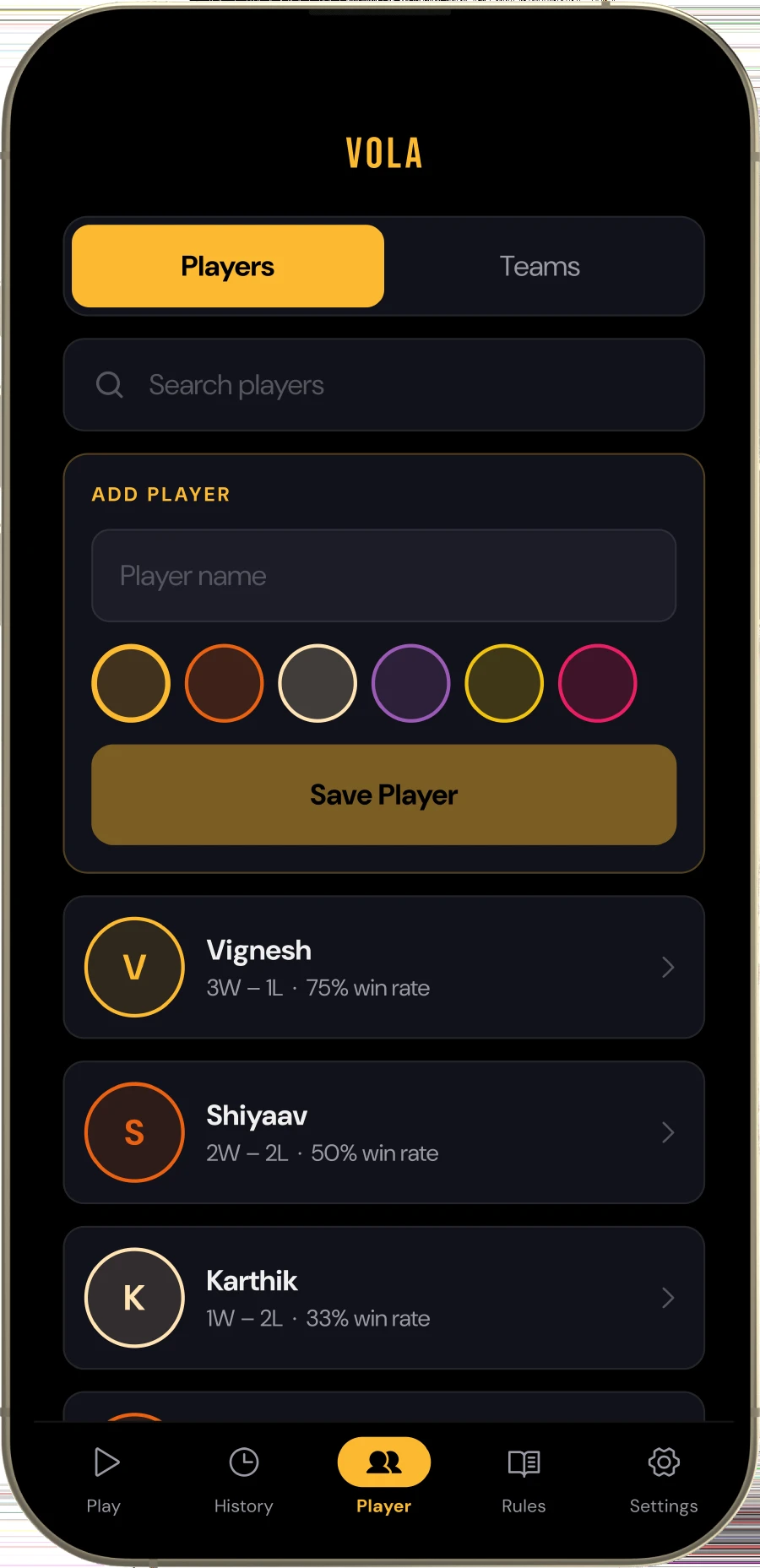 The players screen: saved names, each with a colour and its own record, that can be dropped straight into a match instead of being typed in each week.