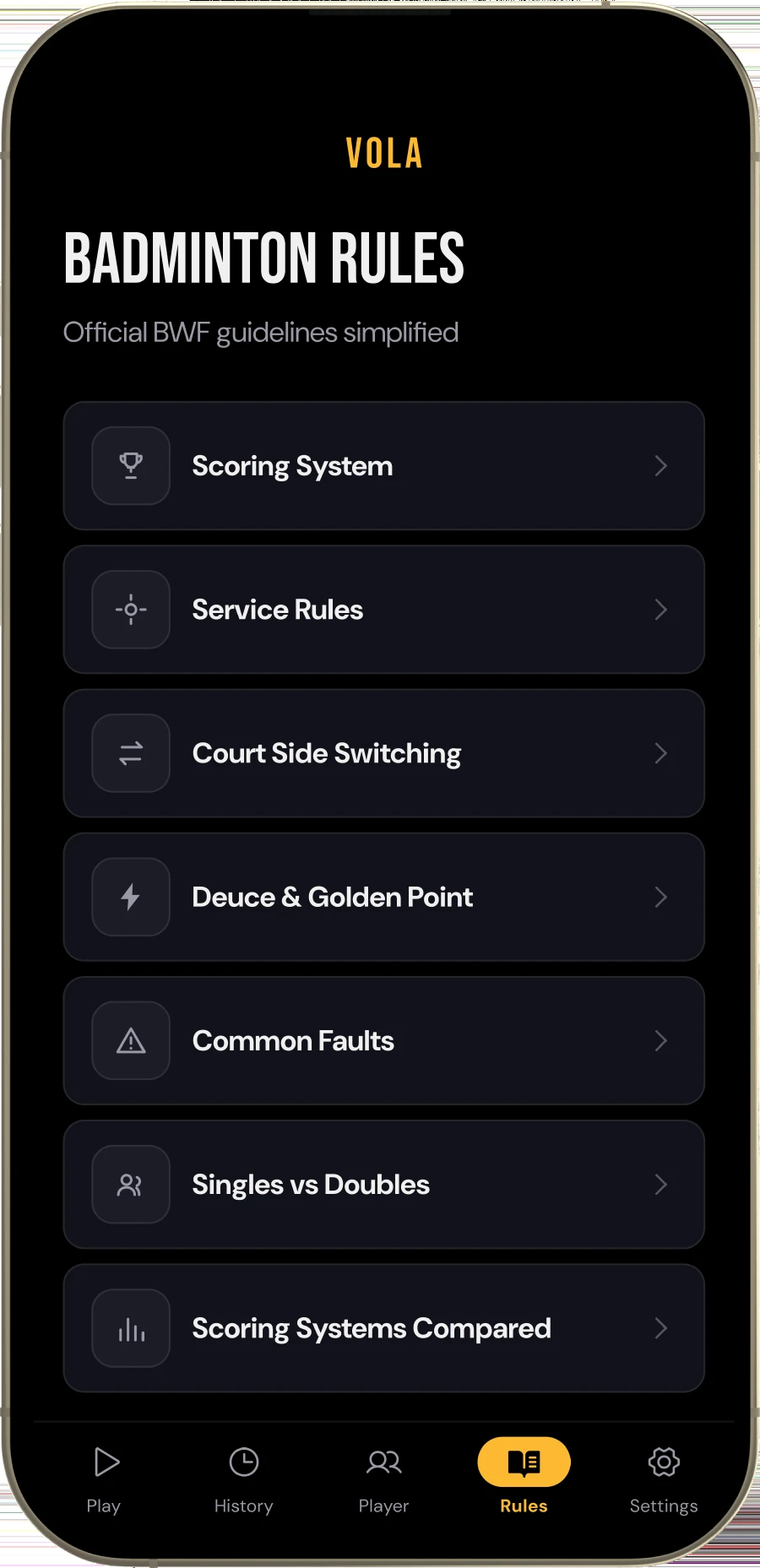The rules reference: official BWF guidelines simplified into seven sections - scoring system, service rules, court side switching, deuce and golden point, common faults, singles versus doubles, and scoring systems compared.