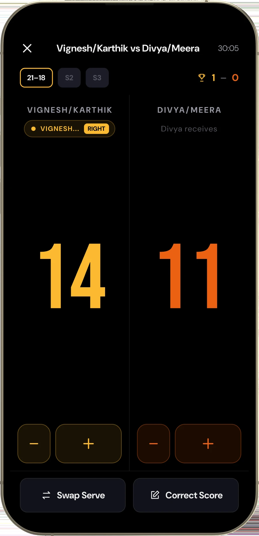 The live scoreboard: Vignesh and Karthik lead Divya and Meera 14-11 in game two, the server and his service court named above the score, with plus and minus controls and buttons to swap serve or correct the score.