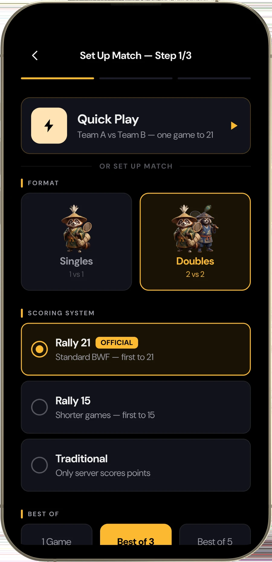 Match setup, step one of three: a Quick Play shortcut, a singles or doubles format choice, and three scoring systems with the official Rally 21 selected.