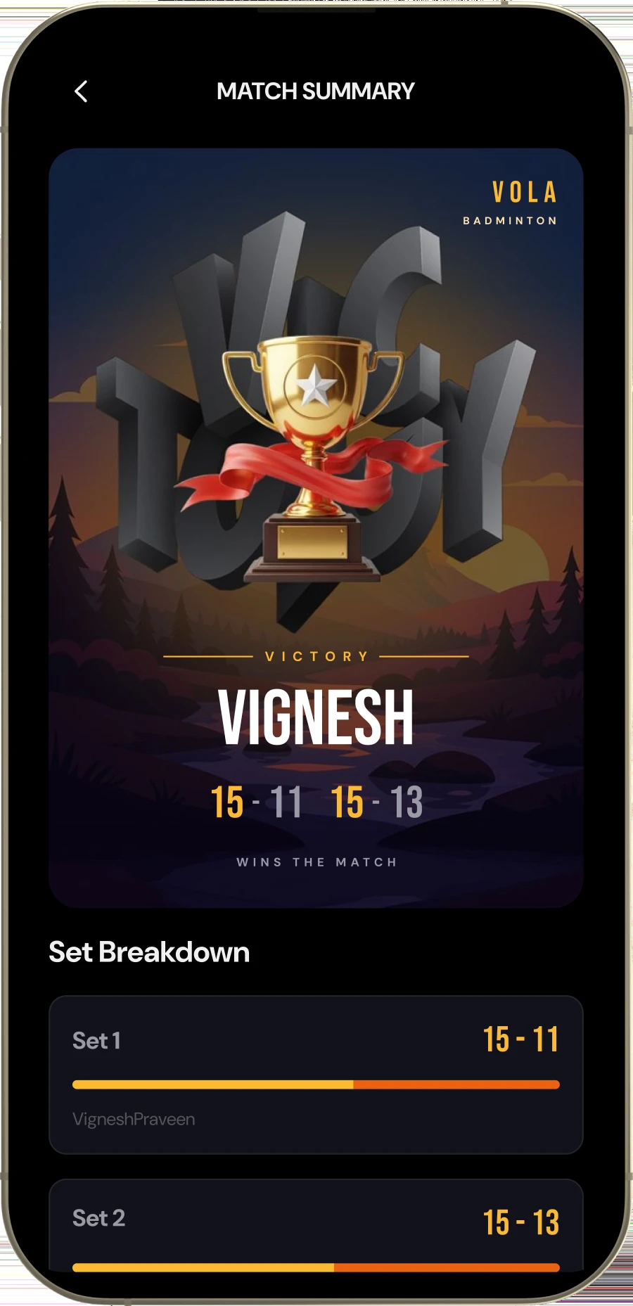 The match summary: a victory card naming Vignesh the winner at 15-11 and 15-13, then a set breakdown, match stats showing a 32:14 duration, an 18-shot longest rally and 3 match points saved, and a button to share the whole thing as an image.