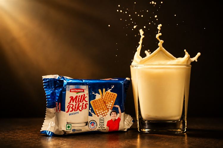 A product shot of a biscuit pack beside a splashing glass of milk