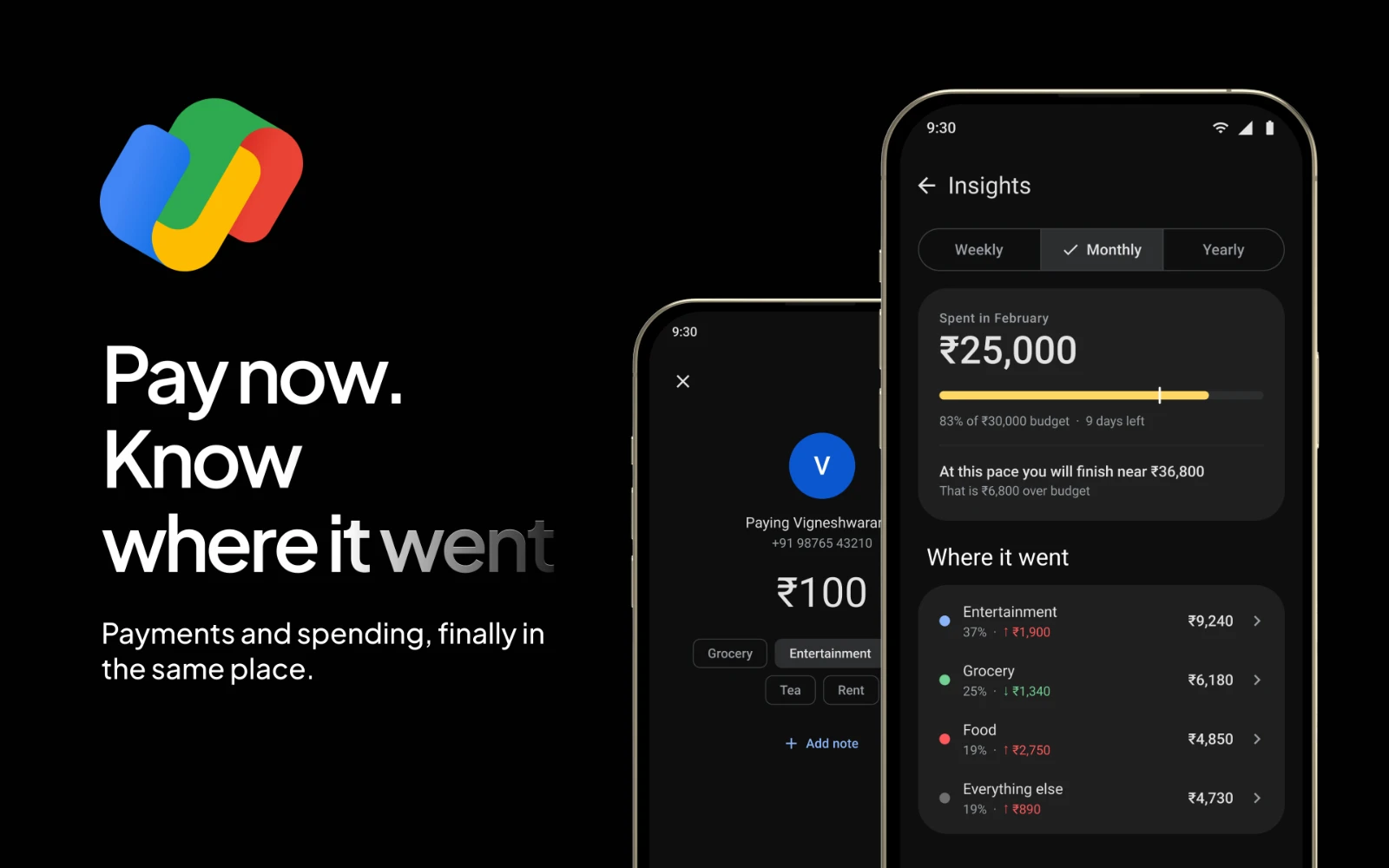 Google Pay concept cover: payment and monthly insights screens