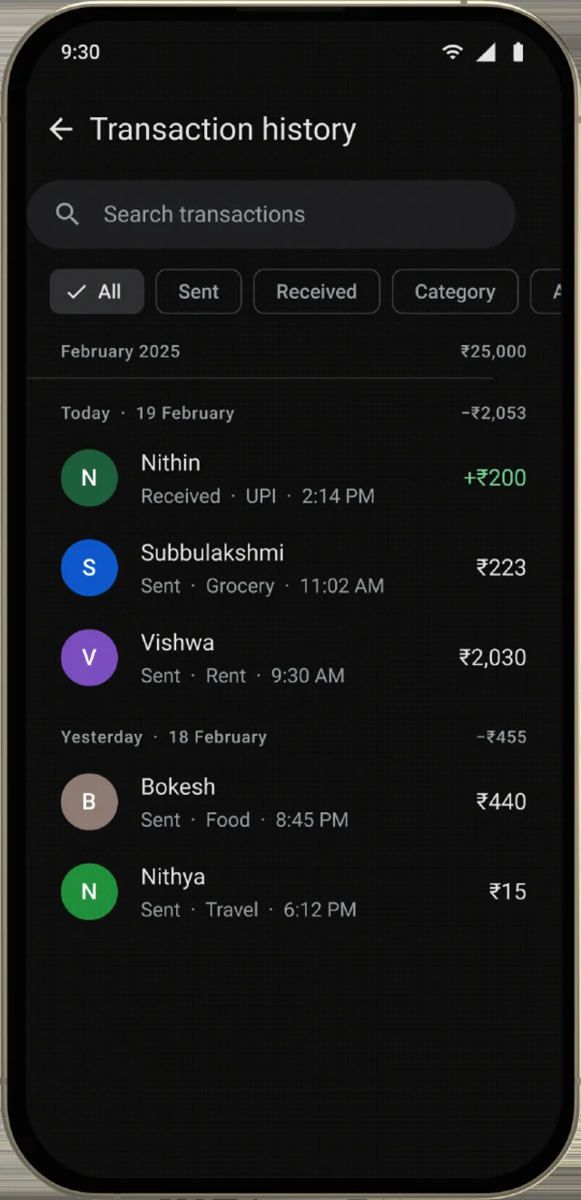 Activity screen, shown on a phone