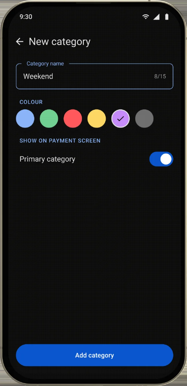 New category screen, shown on a phone