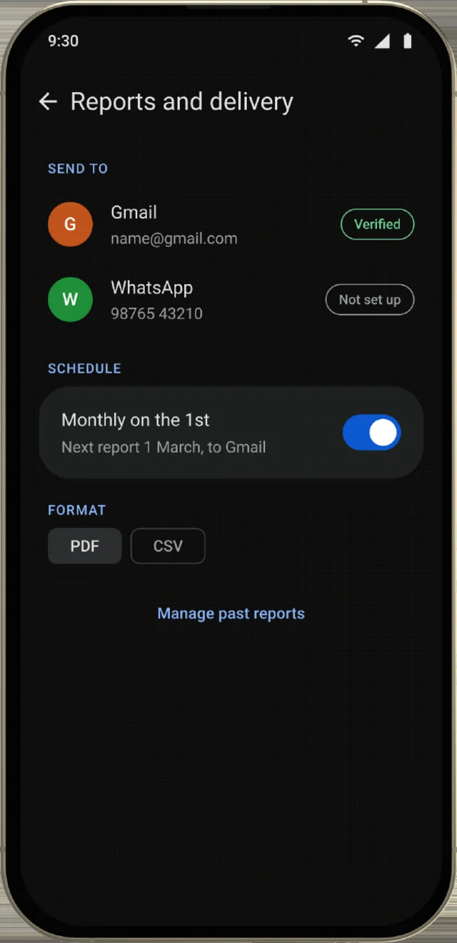 Reports and delivery screen, shown on a phone