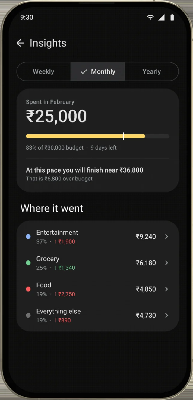 The insights screen, showing the month grouped by category