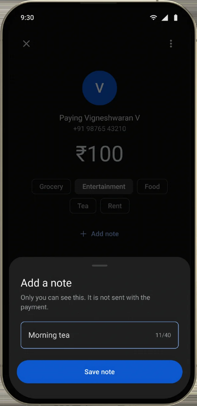 The payment sheet, with a row of category chips under the amount