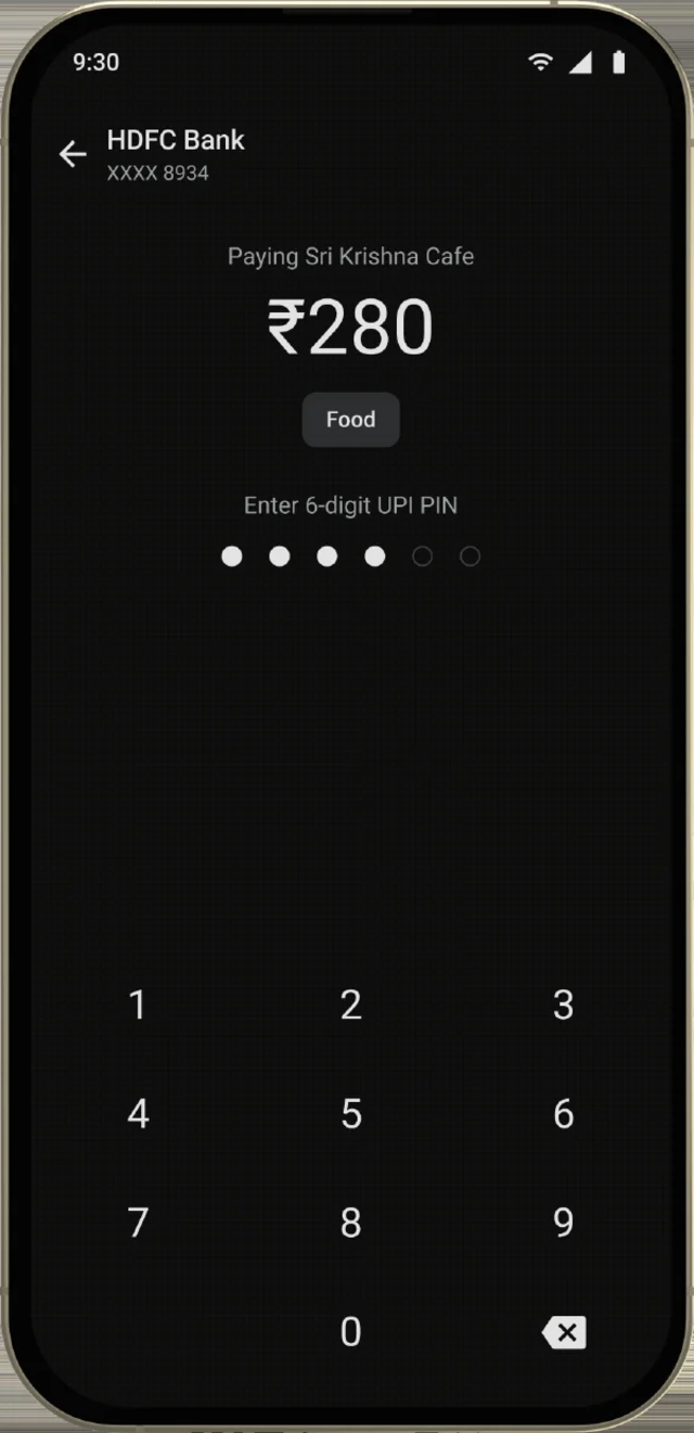 UPI PIN screen, shown on a phone