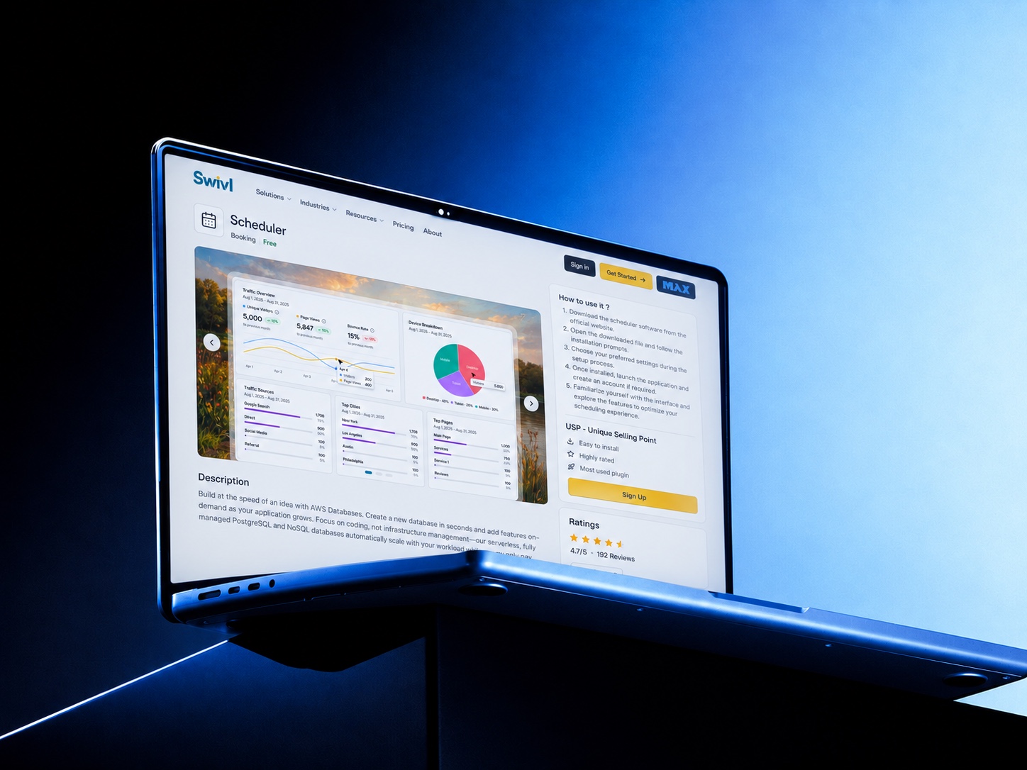 Swivl Marketplace cover: the Scheduler product page on a laptop