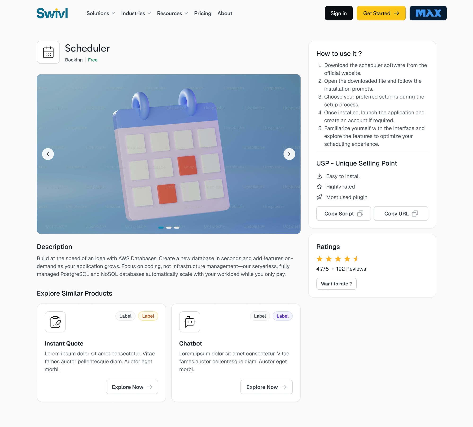 Scheduler product page with an image gallery, how-to-use steps, USP with a copy-script install, ratings and similar products