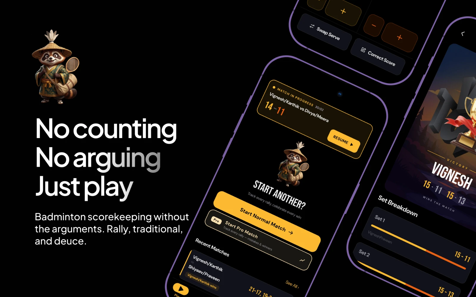 VOLA cover: three phones showing a badminton scoreboard app